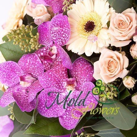 Букет из фиолетовой орхидеи Ванда, кремовой герберы, кремовой кустовой розы, эвкалипта и салала в фиолетовой бумаге фото