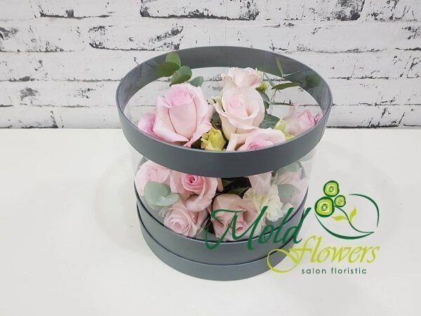 Серая коробка- аквариум с бледно- розовыми розами, белой эустомой и эвкалиптом фото