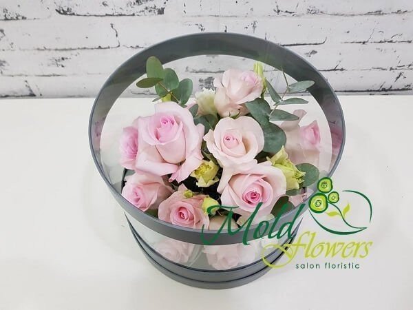 Серая коробка- аквариум с бледно- розовыми розами, белой эустомой и эвкалиптом фото