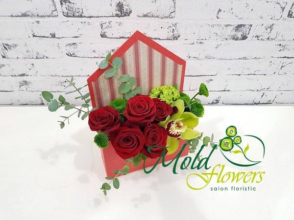 Красный конверт с красными розами, зелёной орхидеей цимбидиум, хризантемами  фото