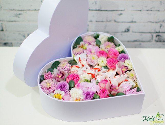 Heart box with purple rose, chrysanthemum, pink small flowers, orchids, hydrangea, alstromeria photo
