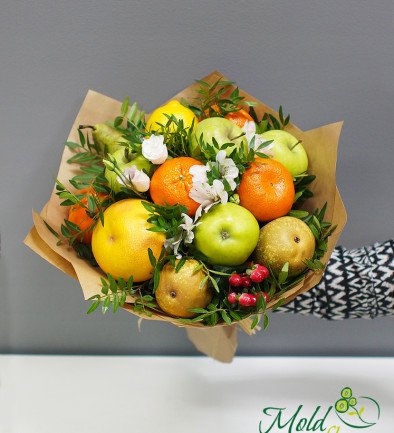 Buchet de fructe de mere, mandarine, pere și alstromeria (la comanda, o zi) foto 394x433