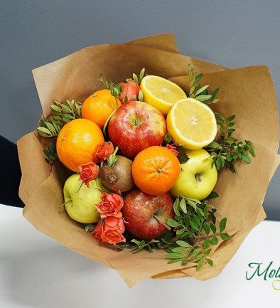 Fruit Bouquet with Apples, Lemons, Kiwi, Mandarins, and Roses (made to order, 1 day) photo 394x433