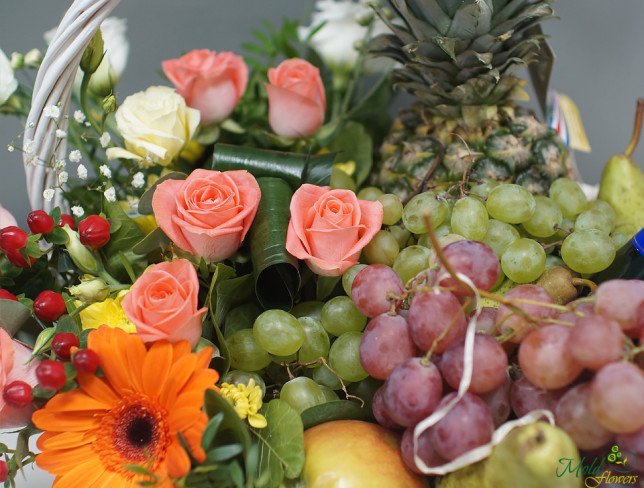 Large White Basket with Fruits and Champagne Photo