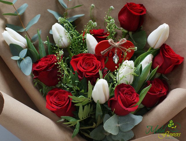 Bouquet of Red Roses and White Tulips with Eucalyptus from moldflowers.md