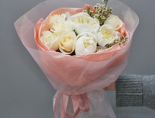 Bouquet with white peonies and white roses photo