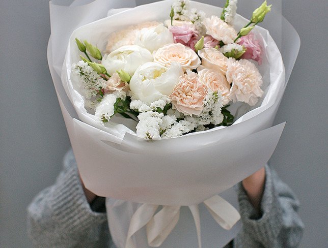 Bouquet with white peonies and cream roses photo
