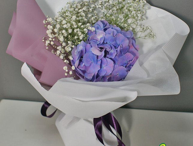 Букет с фиолетовой гортензией и белой гипсофилы №2 Фото