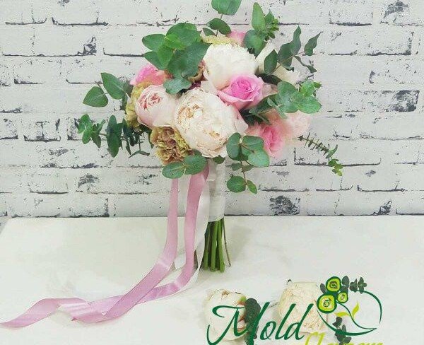 Bridal Bouquet of Pink Roses, White, and Yellow Peonies Photo