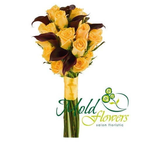 Bridal Bouquet of Yellow Roses and Black Calla Lilies Photo