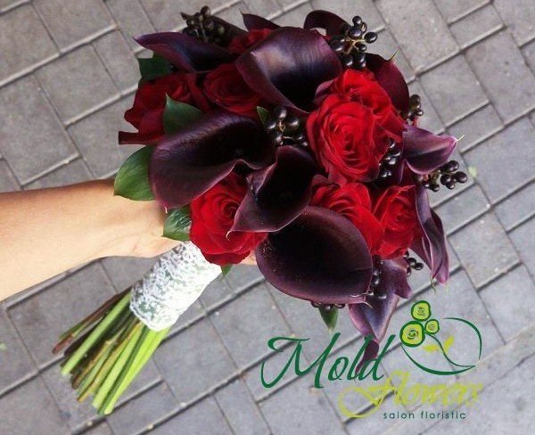 Bridal Bouquet 2601 with Red Roses and Burgundy Calla Lilies photo