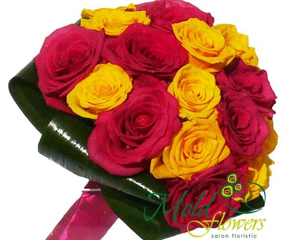 Wedding Bouquet of Pink and Yellow Roses with Pink Ribbon Photo