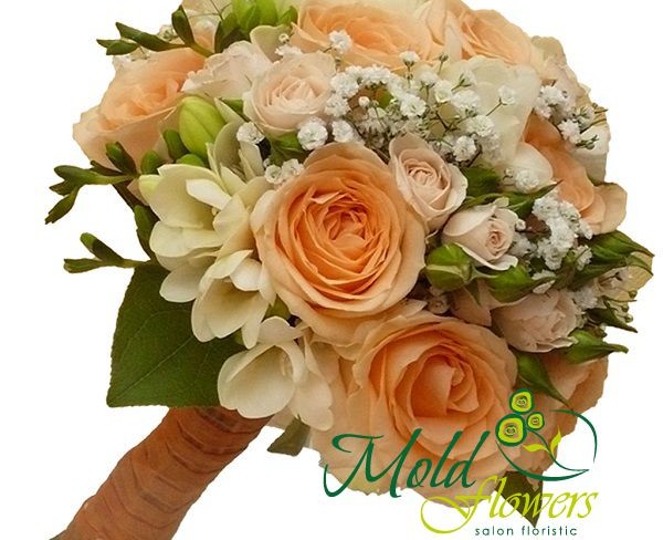Bridal Bouquet of Orange Roses, White Shrub Roses, and Freesias Photo