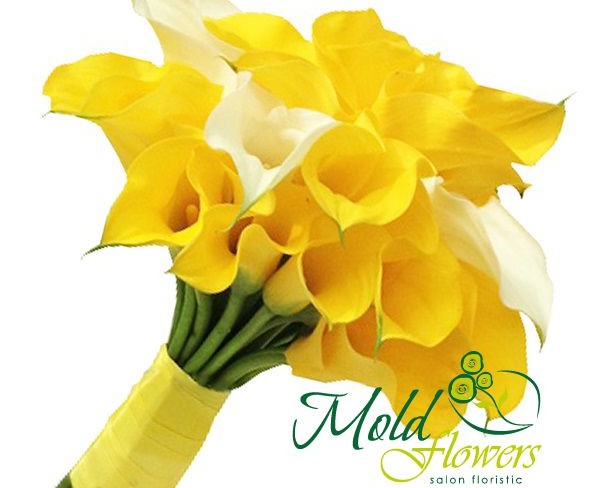 Bridal Bouquet of Yellow and White Calla Lilies with Yellow Ribbon Photo