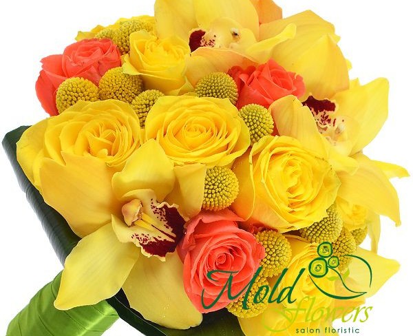 Bridal Bouquet of Yellow Orchids, Pink and Yellow Roses Photo