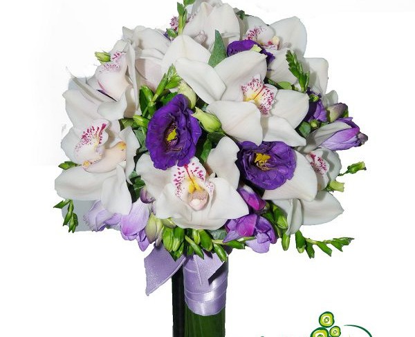 Bridal Bouquet with White Orchids and Purple Eustoma Photo