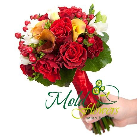 Bridal Bouquet with Red Roses, Yellow Calla Lilies, and White Freesias Photo