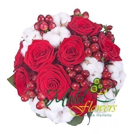 Bridal Bouquet of Red Roses, Cotton Blooms, Hypericum - Photo