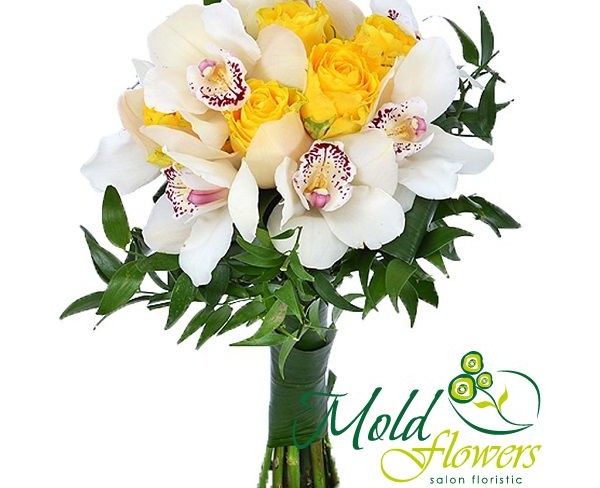 Букет невесты из желтых роз и белых орхидей фаленопсис фото