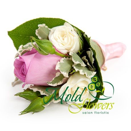 Boutonniere with Pink and White Roses - Photo