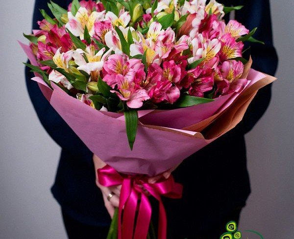 Beautiful Bouquet of White and Pink Alstroemerias in Pink Wrapping - Photo