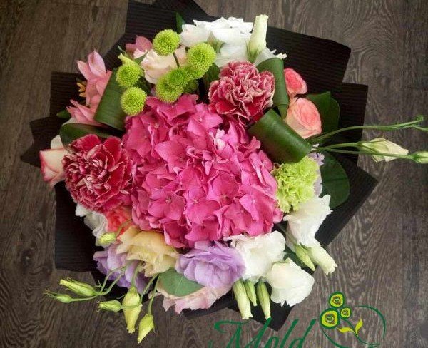 Bouquet with Hydrangea, Roses, Carnations, Alstroemeria, Eustoma, Chrysanthemums Photo