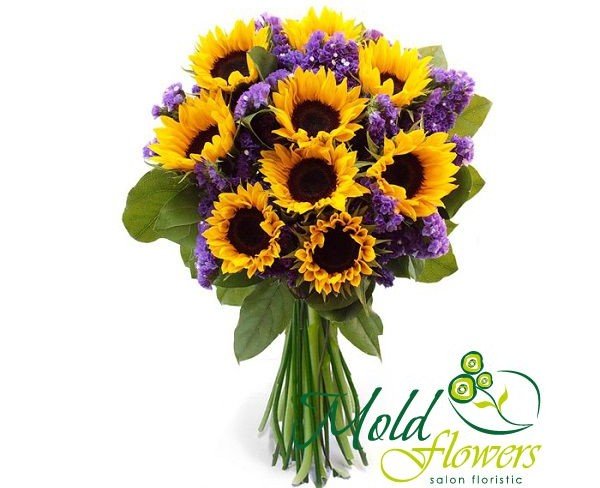 Bouquet of yellow sunflower, purple statice, greenery photo