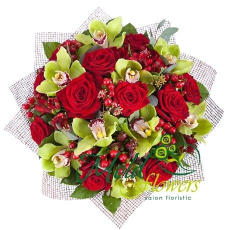 Bouquet of green Cymbidium orchid, red roses, alstromeria and hypericum, eucalyptus photo