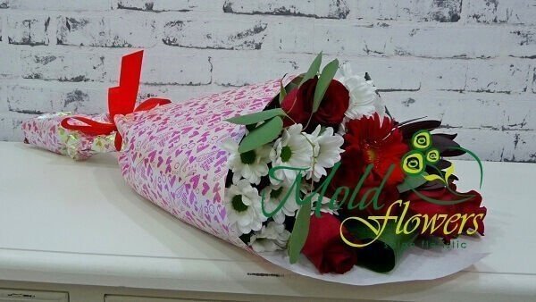 Bouquet of Red Roses, Gerberas, White Chrysanthemum, Leucadendron, and Eucalyptus in Paper - Photo