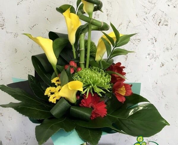 Bouquet with Yellow Calla Lilies, Red Gerbera, Alstroemeria, Green Chrysanthemum, and Bamboo in Blue Paper Photo