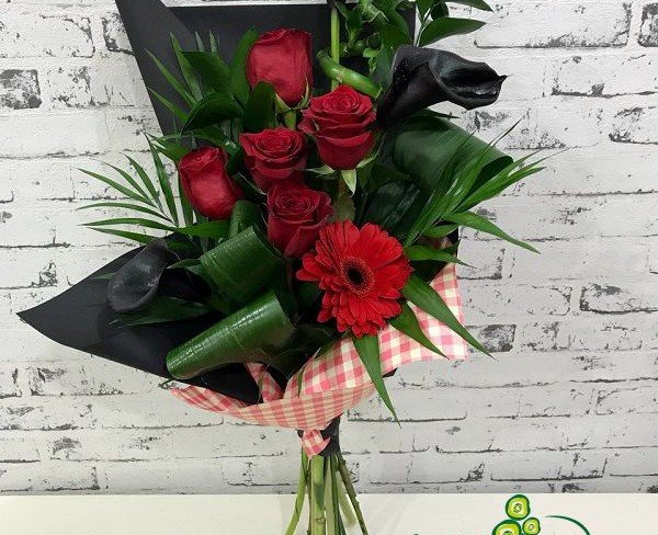 Bouquet of Red Roses and Gerberas, Black Calla Lilies, Aspidistra in Black Paper Photo