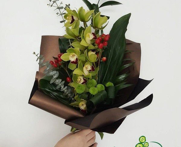Букет из зеленой орхидеи Цимбириум, красного гиперикума, зеленых хризантем, эвкалипта, аспидистры и рускуса  фото