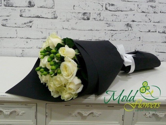 Bouquet of White Roses and Green Hypericum in Black Paper with White Ribbon Photo