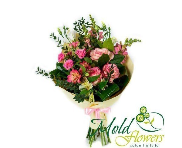 Bouquet of pink roses and shrub roses, white eustomas, pink alstromeria, and lion's zeo, eucalyptus, salal, aspidistra photo