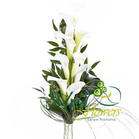 Bouquet of white calla lilies, ruscus, bergrass, aspidistra photo