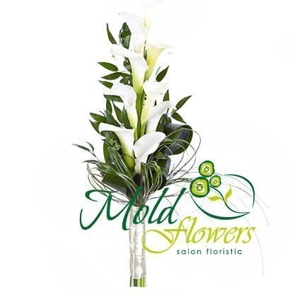 Bouquet of white calla lilies, ruscus, bergrass, aspidistra photo
