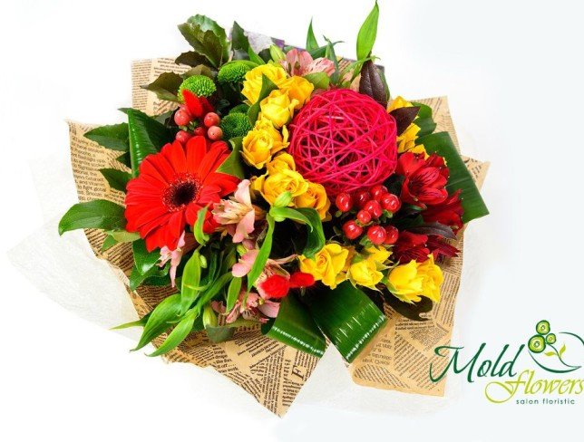 Bouquet of yellow bush roses, pink and red alstromeria, red gerberas and hypericum, green chrysanthemums, salal and aspidistra photo