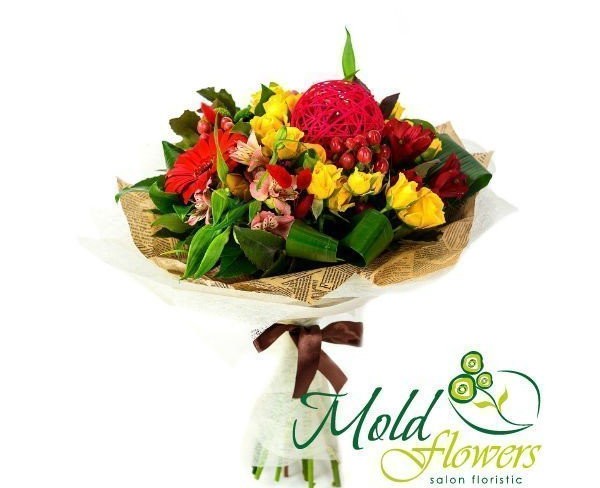 Bouquet of yellow bush roses, pink and red alstromeria, red gerberas and hypericum, green chrysanthemums, salal and aspidistra photo