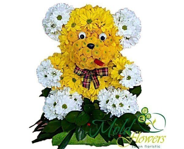 Bear of flowers (white and yellow chrysanthemums) photo