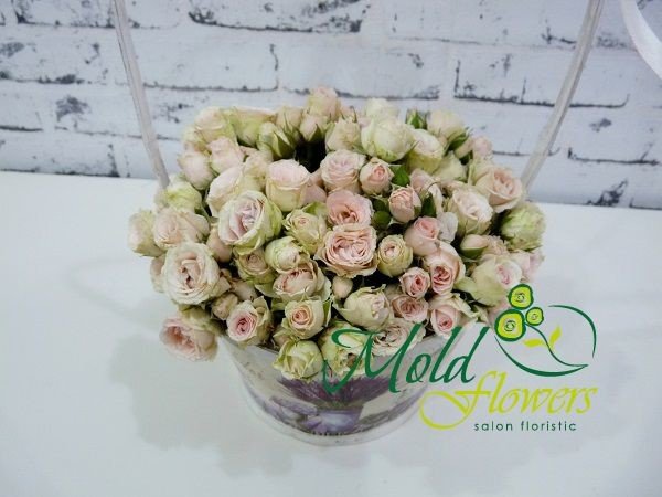 Basket with green and cream bush roses photo