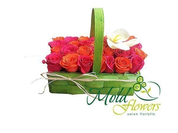 Зеленая корзина с розовыми и оранжевыми розами, белой орхидеей фаленопсис фото