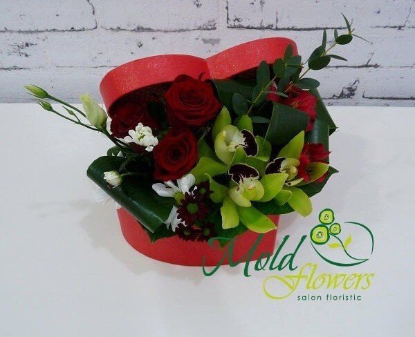 Красная коробка- сердце с красными розами, альстромериями, зелеными орхидеями, бордовыми и белыми хризантемами и аспидистрой фото