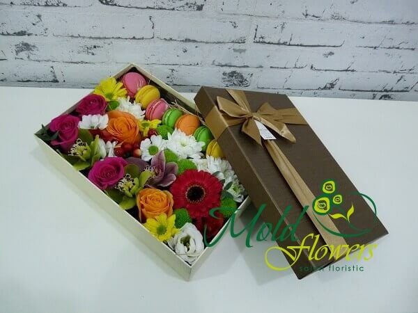 Brown box with macaroons, gerbera, roses, eustomas, orchids and chrysanthemums photo