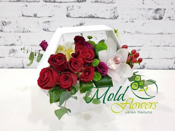 Белая коробка с красными и розовыми розами, белой орхидеей, зелеными хризантемами, желтыми альстромериями, гиперикумом фото