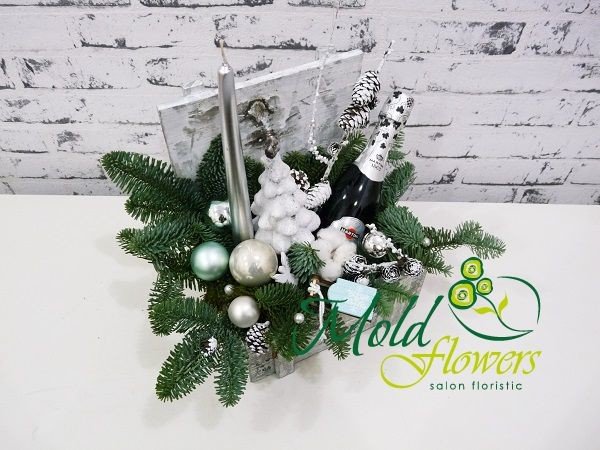 New Year gift set with martinis, cones, sprigs of spruce, Christmas tree balls photo