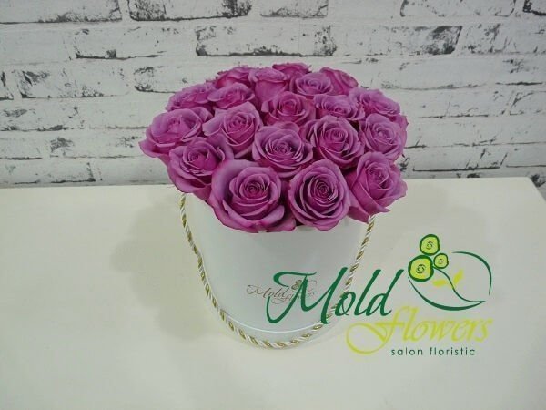 Красивая белая коробка с фиолетовыми розами фото