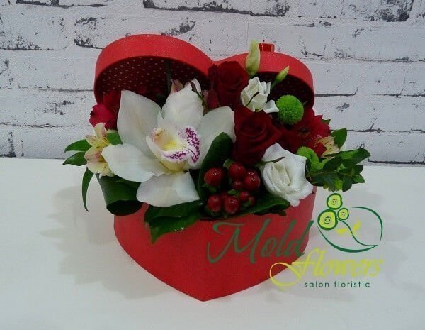 Red heart box with red and white roses, white orchid, red hypericum, yellow alstromeria, chrysanthemums photo