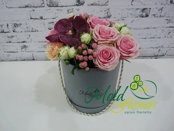 Gray box with pink roses, burgundy Vanda orchid, white bush roses, orange carnations, pink hypericum photo