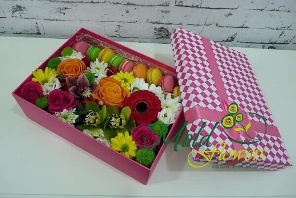 Розовая коробка с макарунами, герберой, розами, эустомами, орхидеями и хризантемами фото