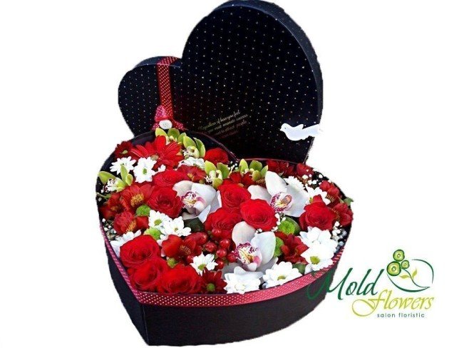 Black heart box with red roses, alstromerias, hypericum, white and green orchids, chrysanthemums photo